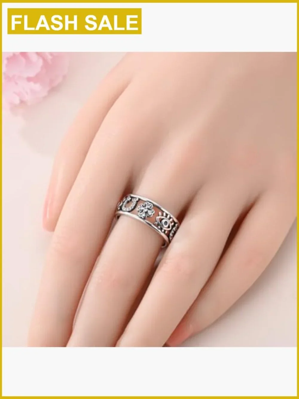 925 Sterling Silver Lucky Ring Horseshoe Four Leaf Clover Evil Eye Band Ring 6-9